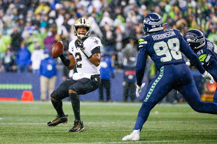 New Orleans Saints quarterback Jameis Winston (2) looks to pass against the Seattle Seahawks. Mandatory Credit: Joe Nicholson-USA TODAY Sports